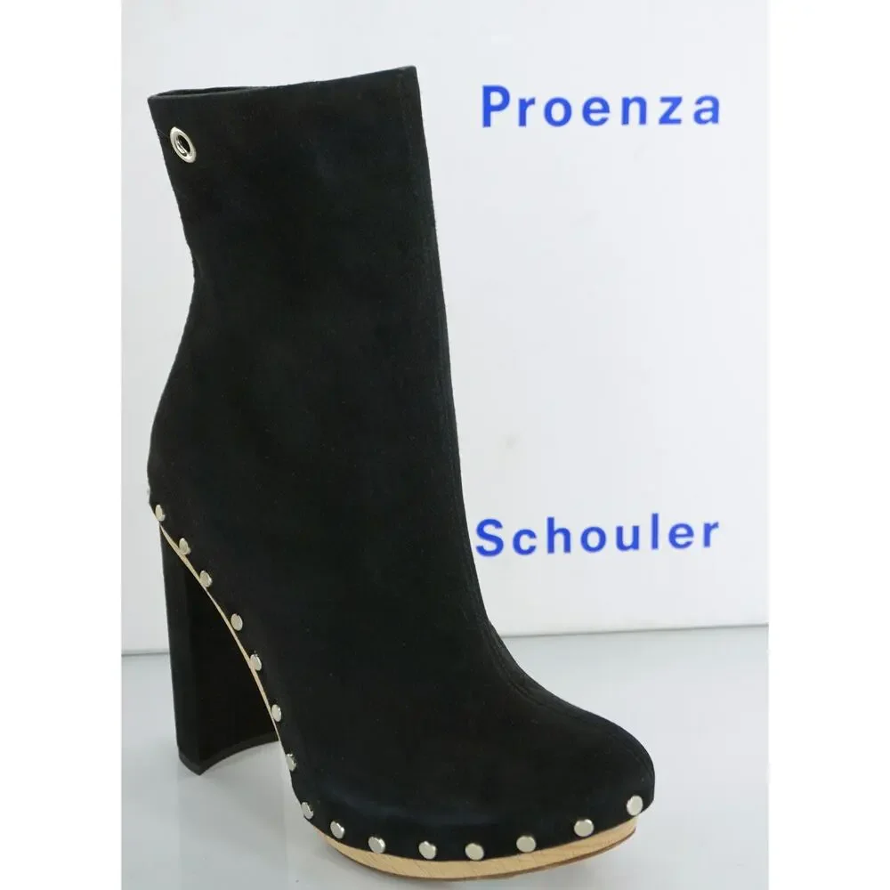 Proenza Schouler Studs Black Suede Platform Ankle Boots Size 35 Heels NIB $1050
